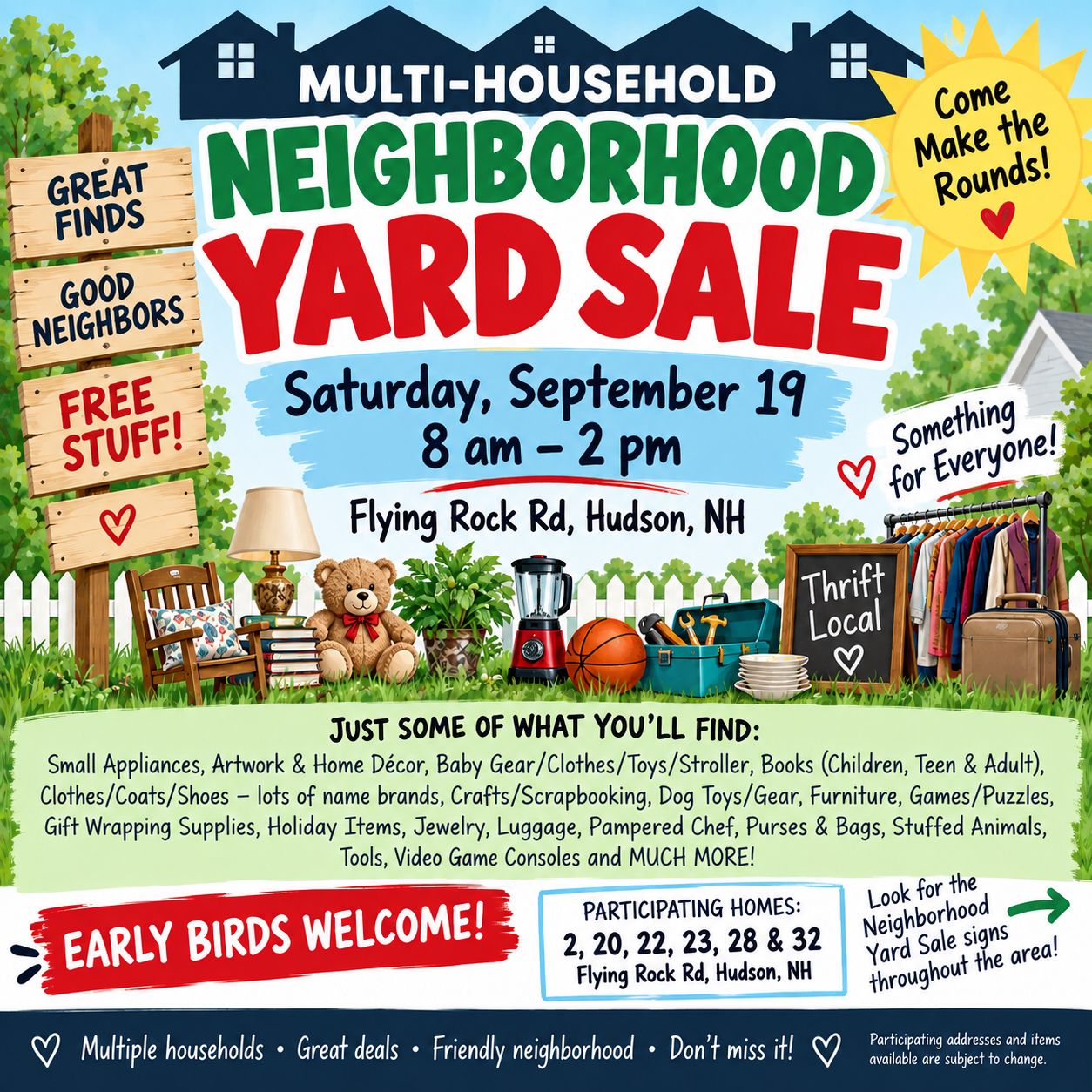 NEIGHBORHOOD YARD SALE – Sat 9/19, 8am-2pm – Flying Rock Rd, Hudson, NH